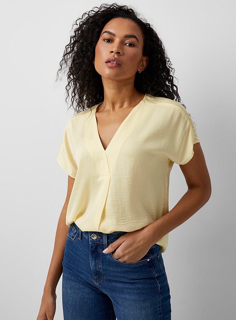 InWear Light Yellow Hammered satin V-neck blouse for women