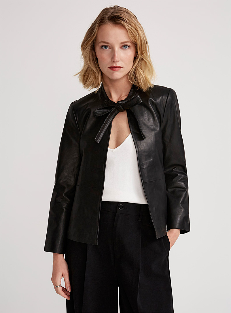 InWear Black Itzel knotted collar leather jacket for women