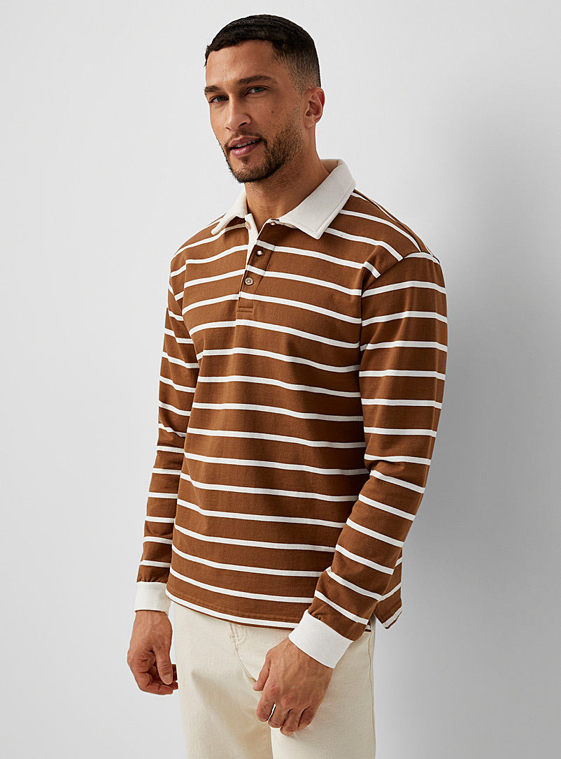 Matinique Brown Coffee-stripe terry-lined polo for men