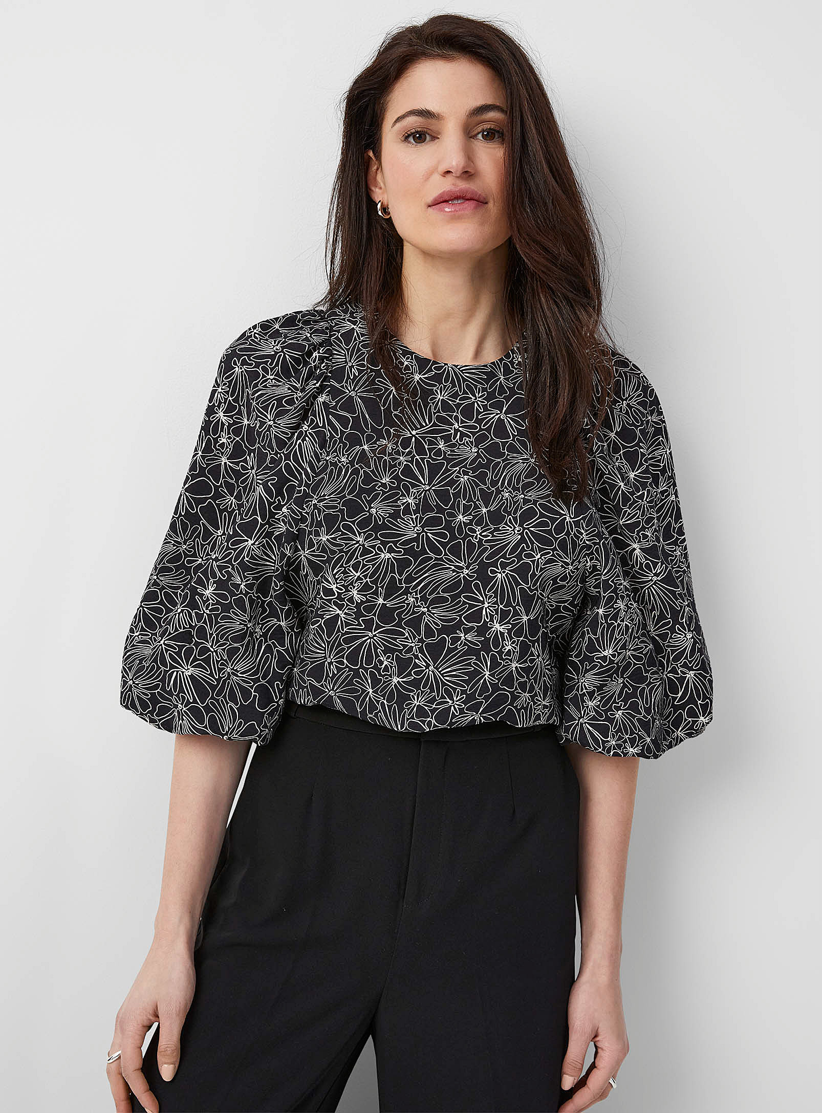 Inwear Harper Puff-sleeve Floral Sketch Blouse In Patterned Black