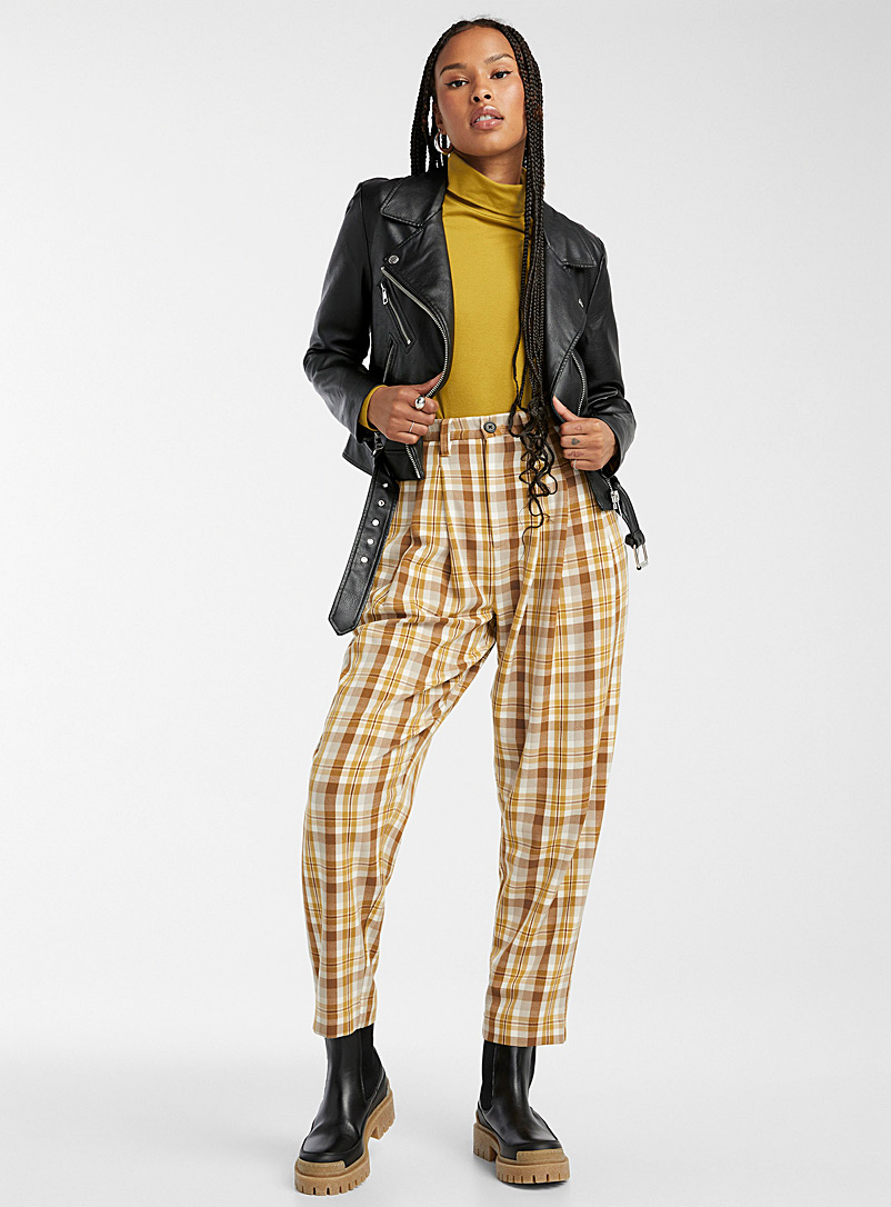 Twik Patterned Yellow Check pleated balloon pant for women