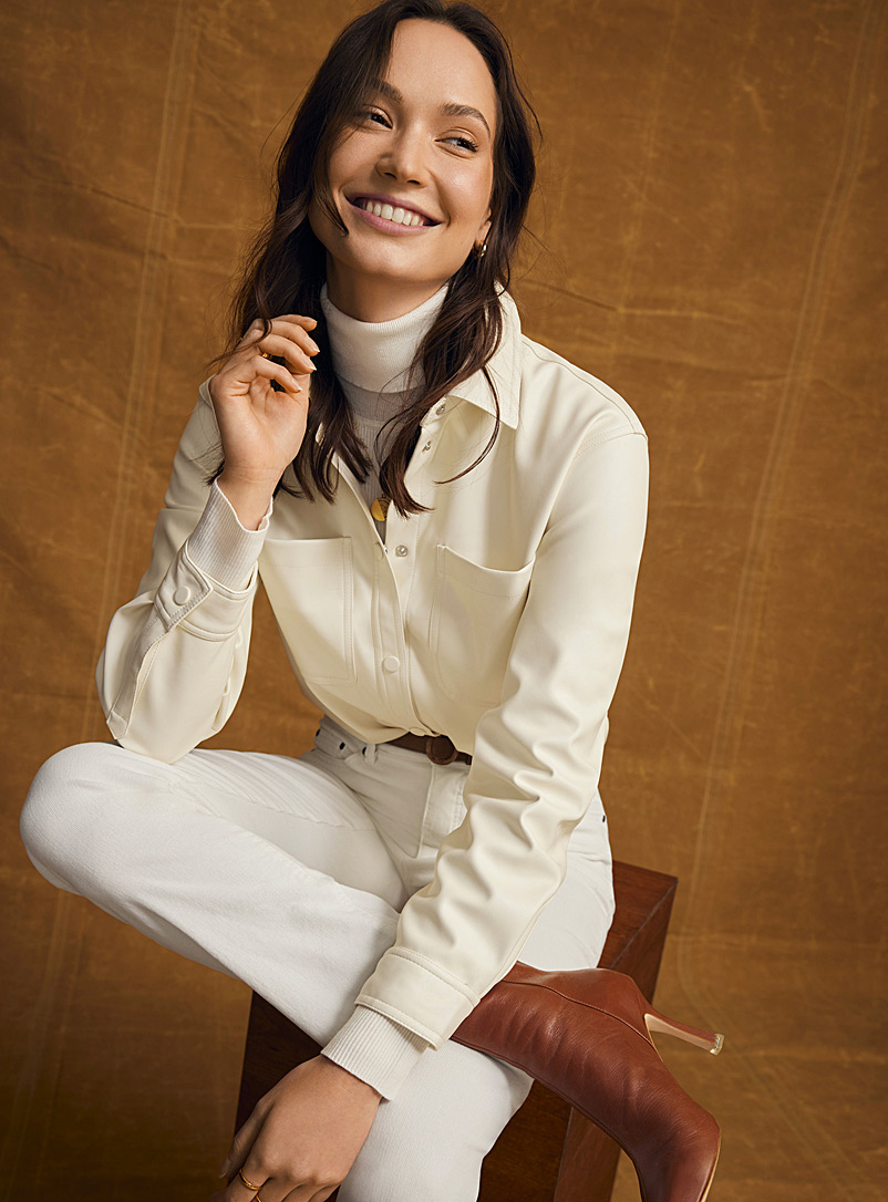 Contemporaine Cream Beige Faux-leather overshirt for women