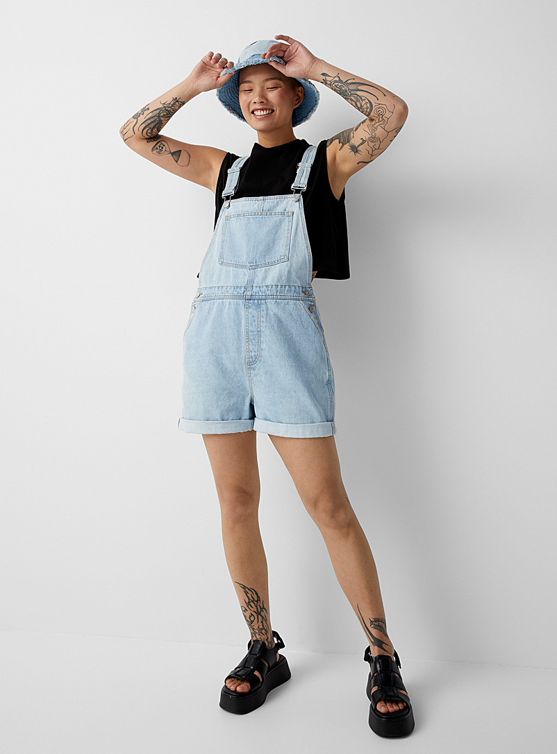 Twik Teal Loose organic cotton denim overall shorts for women