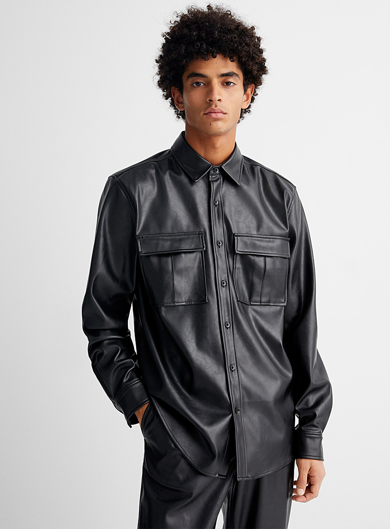 Le 31 Black Faux-leather overshirt for men