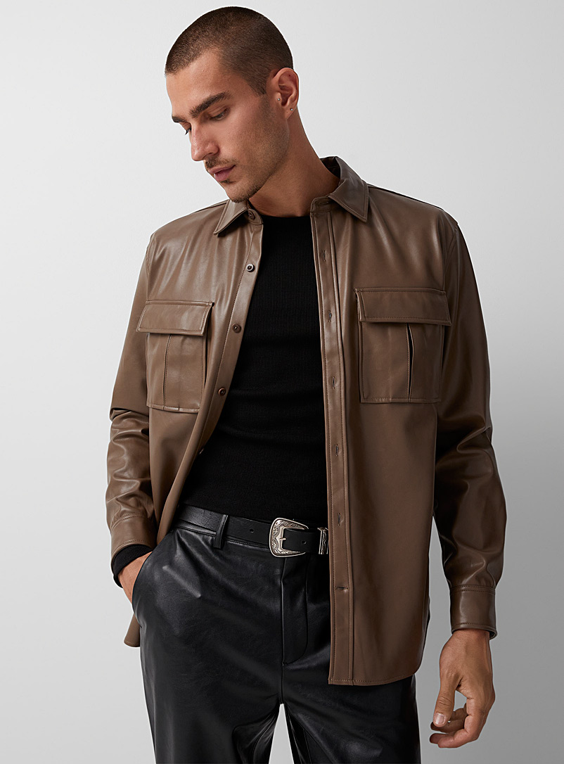 Le 31 Light Brown Faux-leather overshirt for men