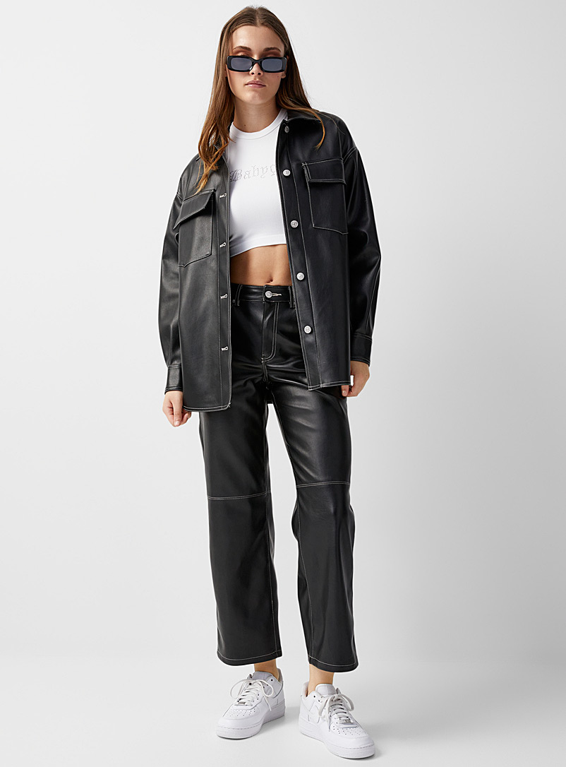 Twik Black Flap-pocket faux-leather overshirt for women