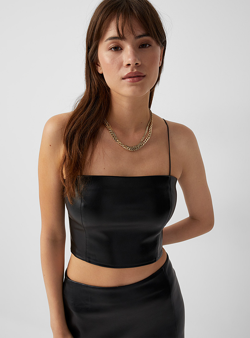 Twik Black Bungee strap faux-leather cami for women