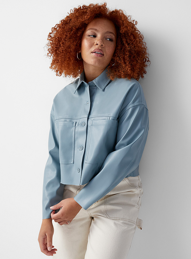 Twik Baby Blue Cropped faux-leather overshirt for women