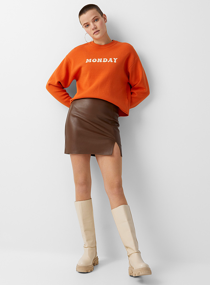 Twik Medium Brown Mini-slit faux-leather skirt for women