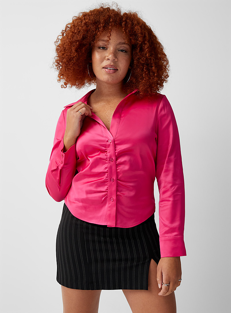 Twik Pink Ruched satin open-collar shirt for women