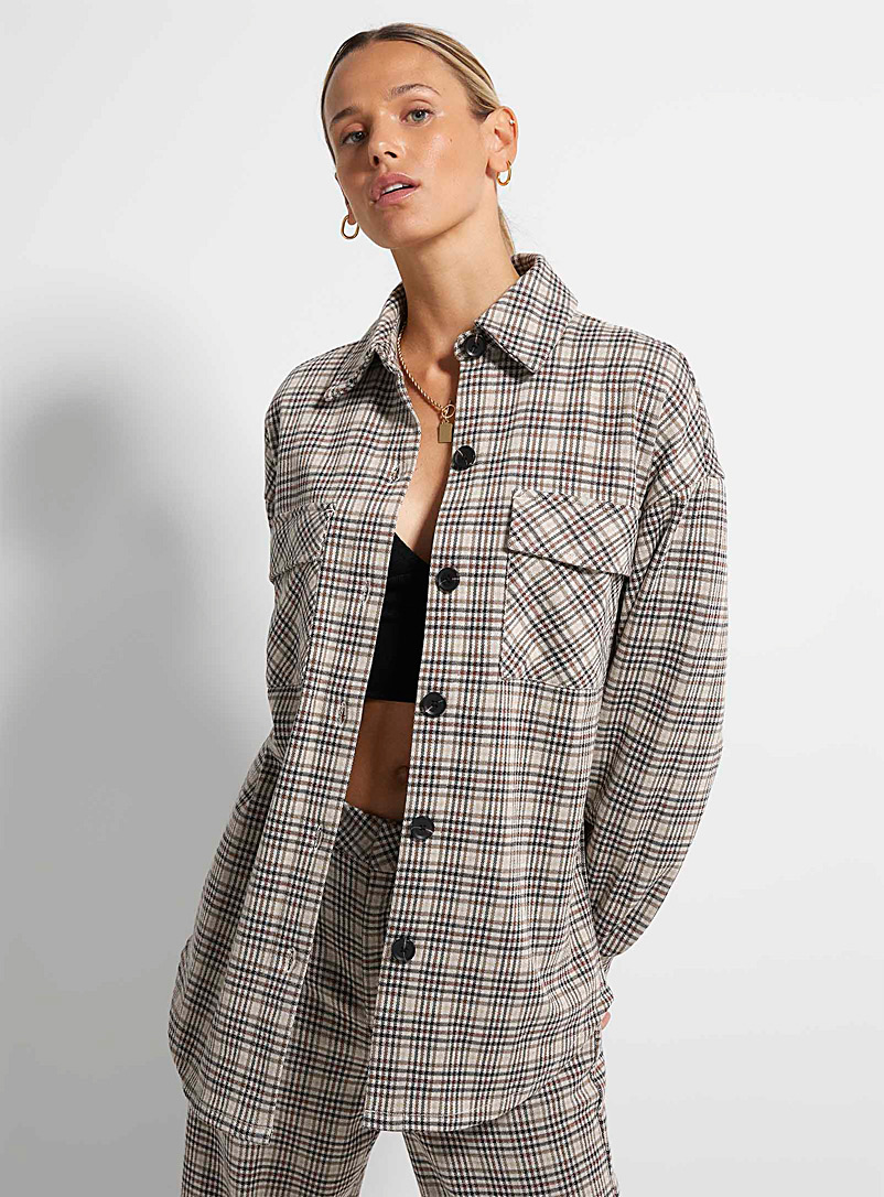 Icône Patterned Brown Flap pockets jacquard overshirt for women