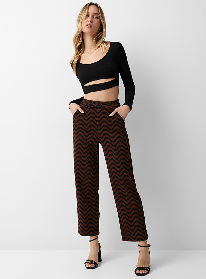 Icône Patterned Brown Two-button straight-leg jacquard pant for women