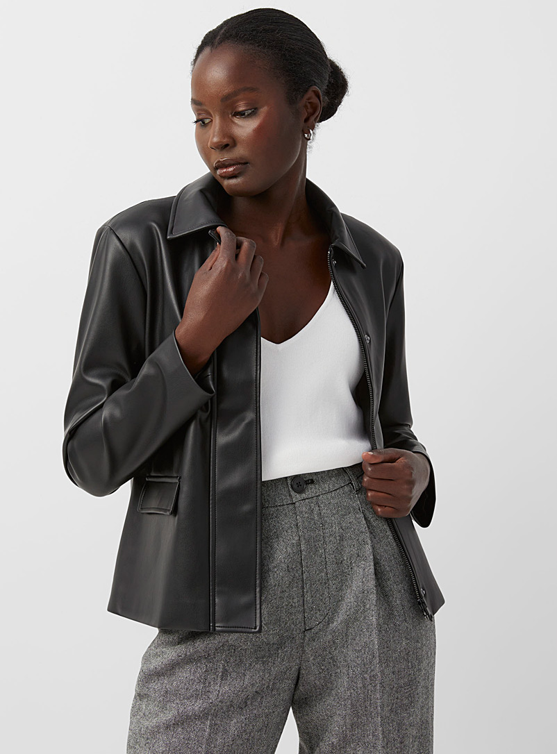Contemporaine Black Shirt-collar faux-leather jacket for women