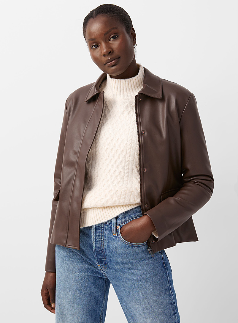 Contemporaine Brown Shirt-collar faux-leather jacket for women