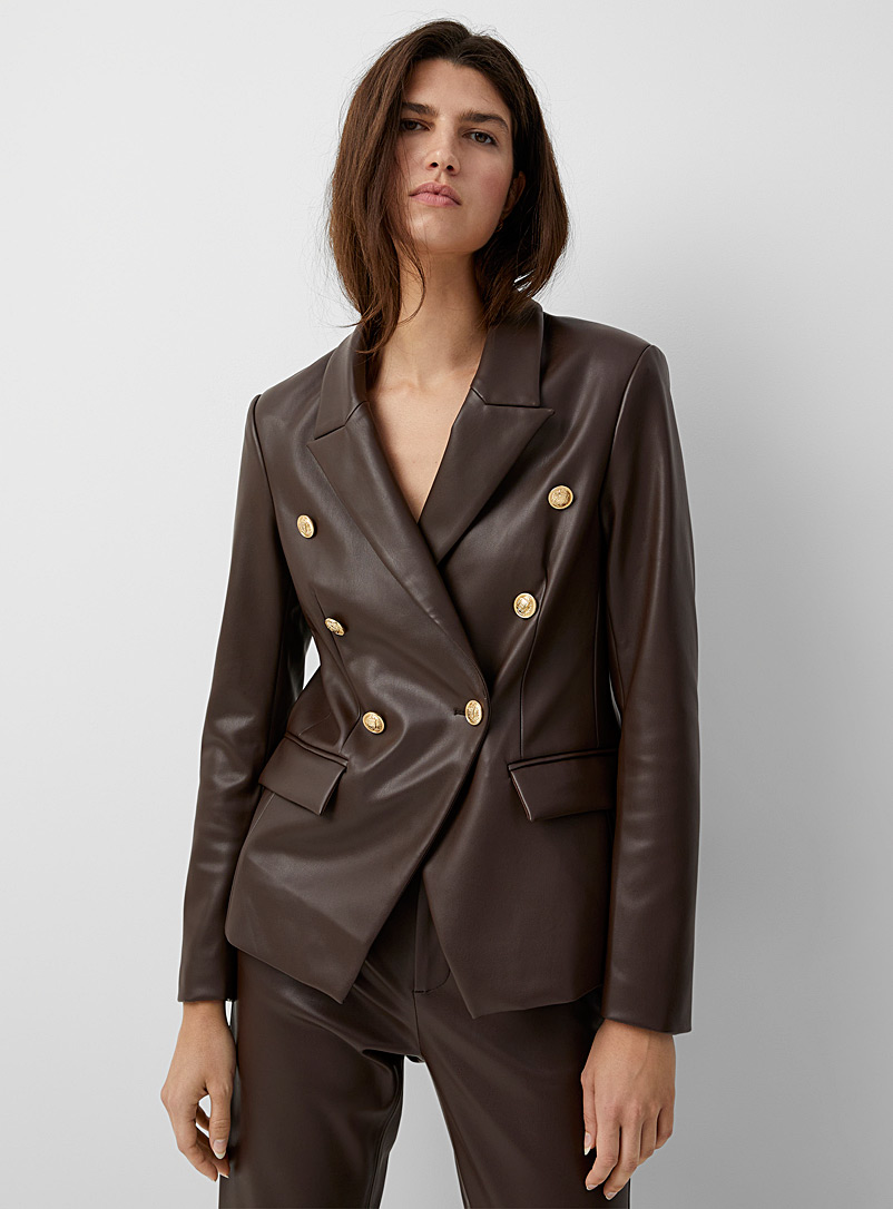 Contemporaine Brown Golden buttons faux-leather blazer for women