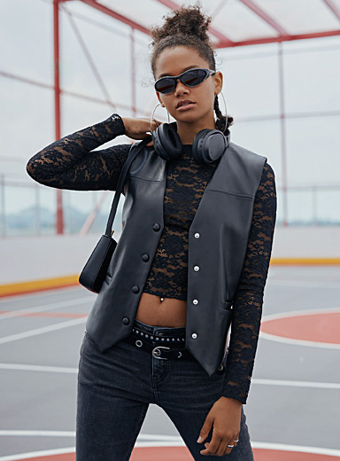 Twik Black Oversized faux-leather vest for women