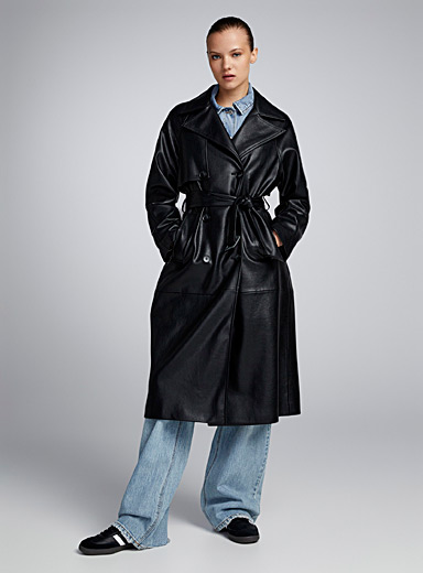 Twik Black Long faux-leather trench coat for women