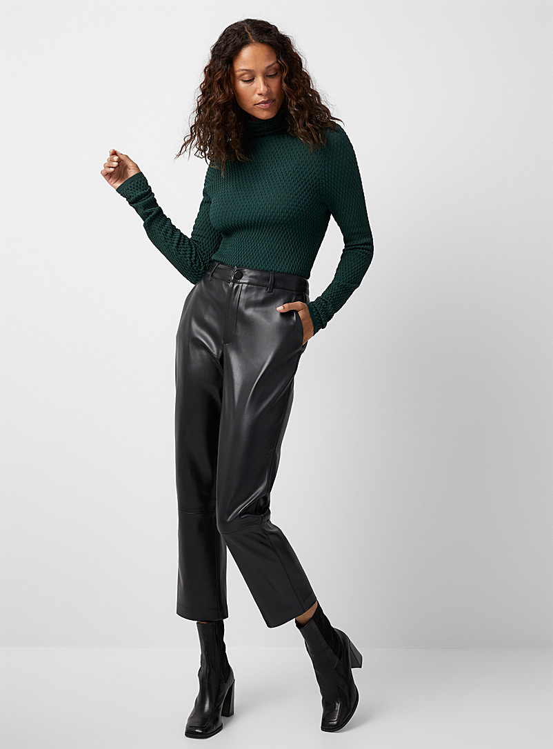 Super High Waisted Faux Leather Vented Hem Modern Straight Pant