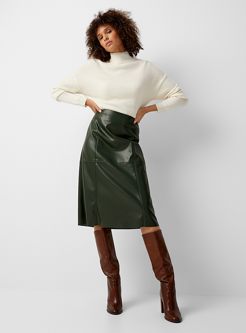 Contemporaine Mossy Green Flared faux-leather midi skirt for women