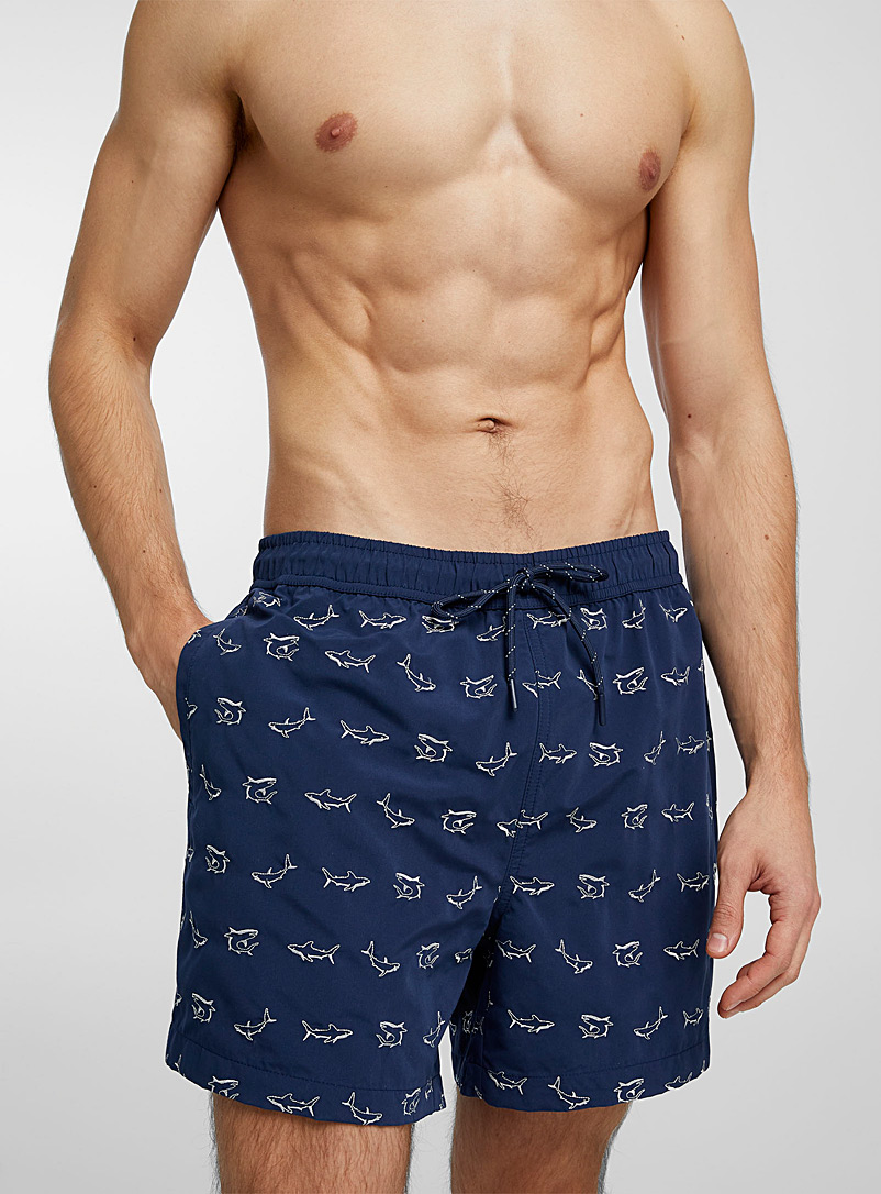 I.FIV5 Navy/Midnight Blue Embroidered shark swim trunk for men