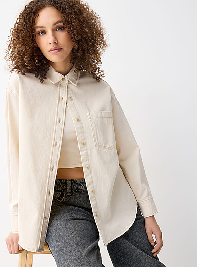 Twik Ivory/Cream Beige Oversized denim shirt for women