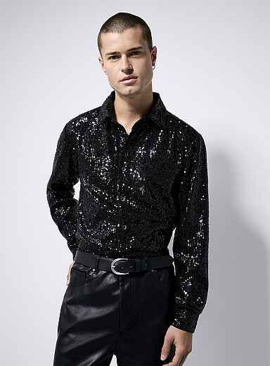 Honseadek Chemise Disco Paillettes Homme – Haut Scintillant Manches Longues Ré Tro Années 70 Soirée Danse