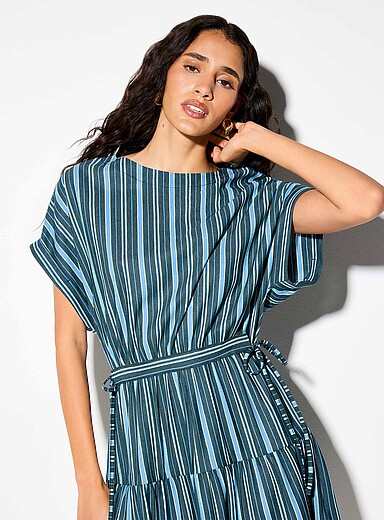 Ic&ocirc;ne Patterned Green Irregular stripes tie-up waist piqu&eacute; minidress for women