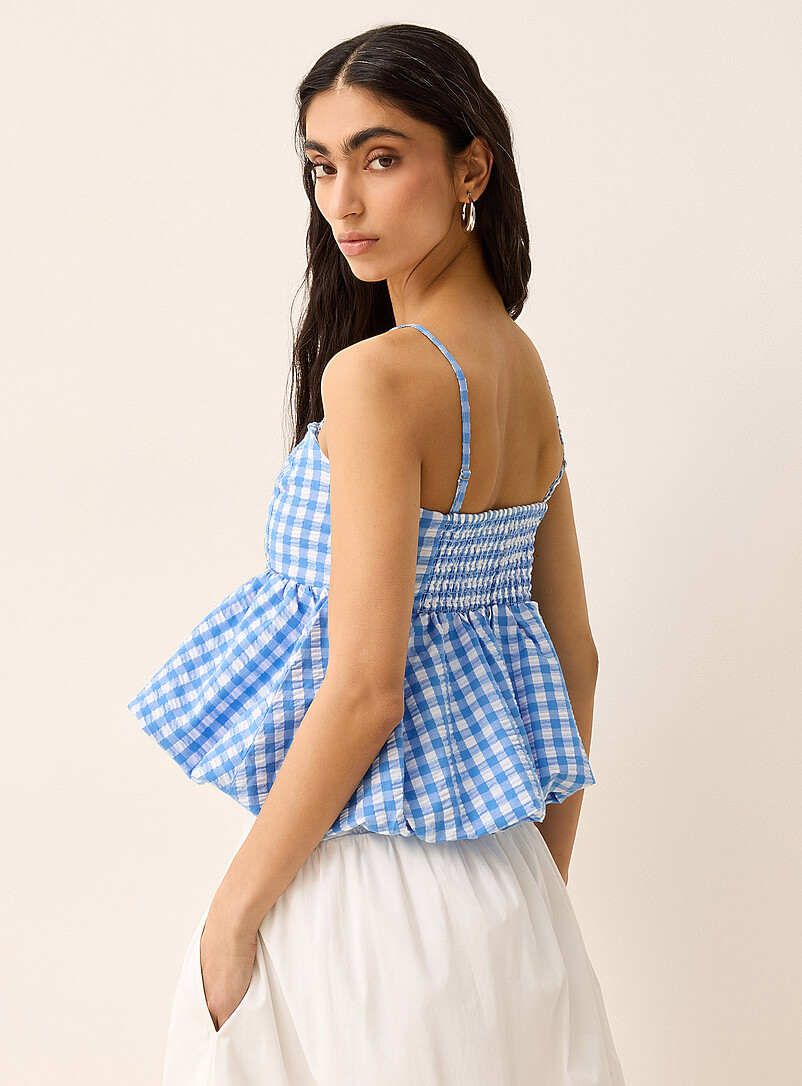 Ic&ocirc;ne Patterned Blue Cropped bubble-shape seersucker cami for women