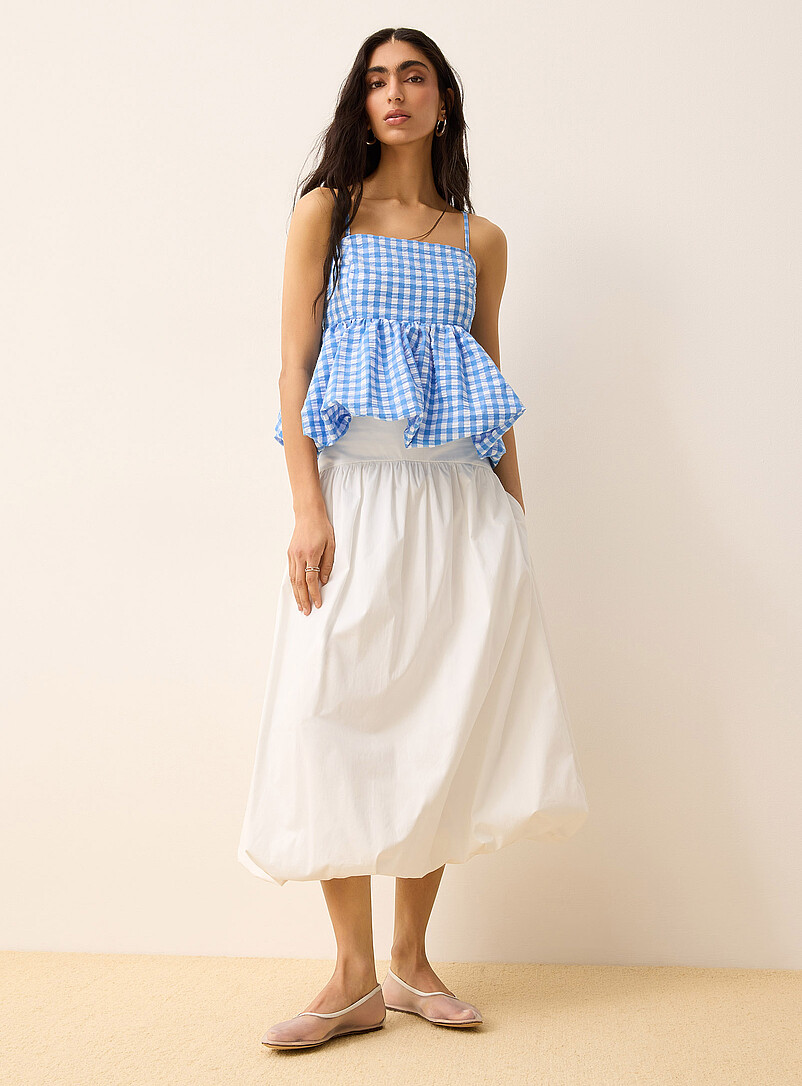 Ic&ocirc;ne: La camisole courte forme bulle seersucker Bleu &agrave; motifs pour femme