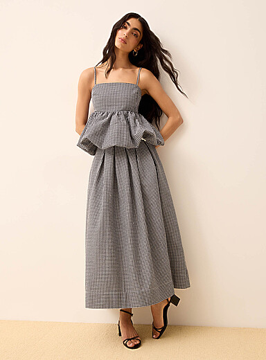Belted flared gingham seersucker skirt