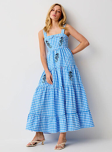Embroidered seahorses maxi tiered seersucker dress