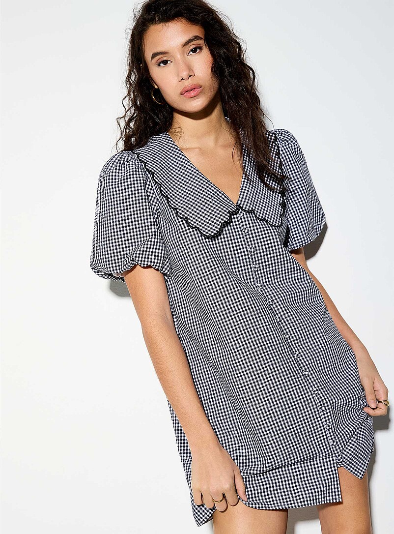 Ic&ocirc;ne: La robe chemise col Claudine carreaux vichy seersucker Rouge &agrave; motifs pour femme