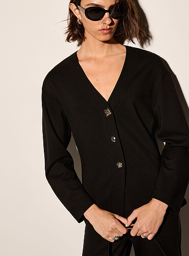 Irregular buttons V-neck ponte cardigan