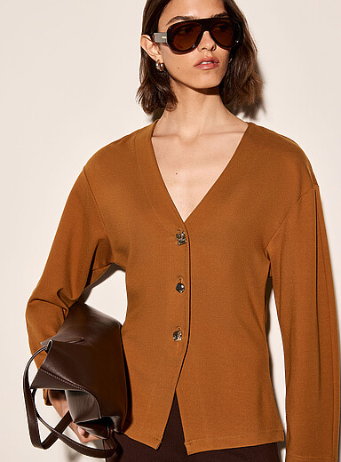 Ic&ocirc;ne: Le cardigan col V boutons irr&eacute;guliers point de Rome Bronze - Ambre pour femme