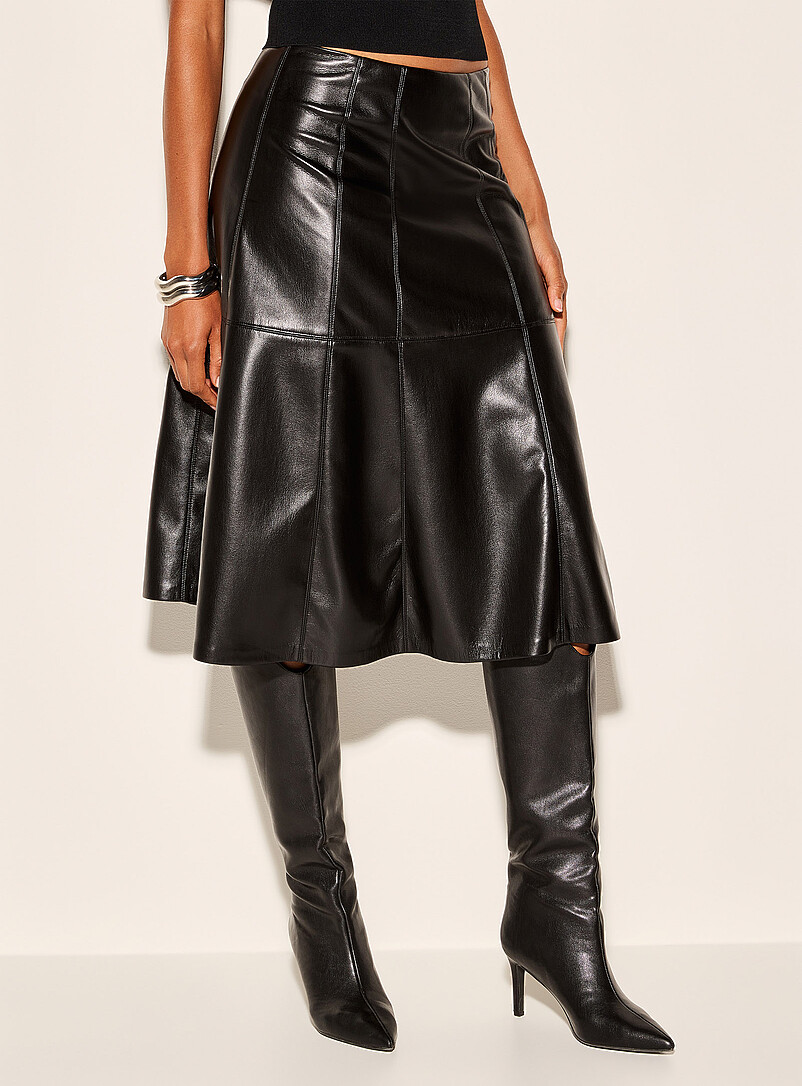Ic&ocirc;ne Black Supple faux-leather topstitched flared skirt for women