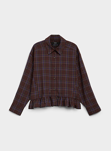 Ruffled-trim checkered twill shirt