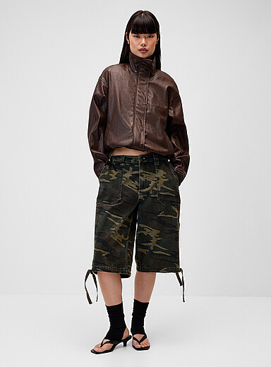 Twik Brown Faux-leather funnel collar jacket for women