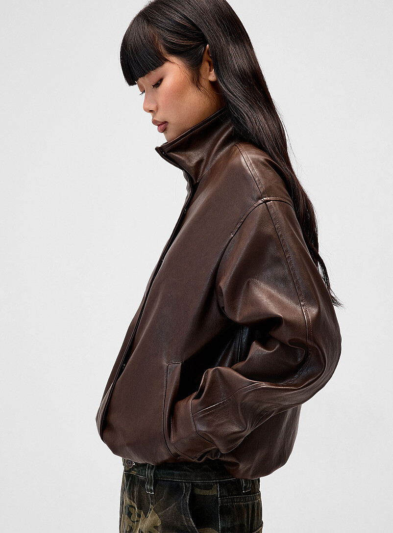 Twik Brown Faux-leather funnel collar jacket for women