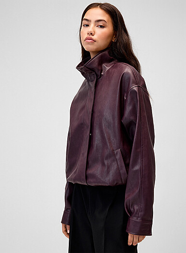 Faux-leather funnel collar jacket
