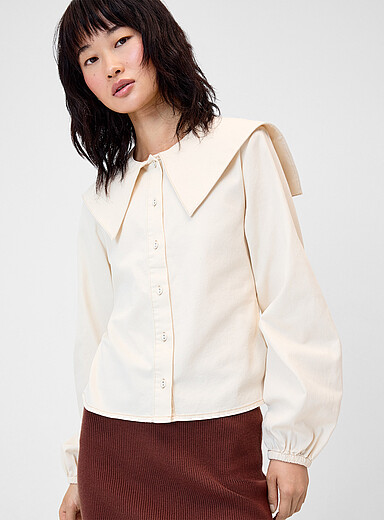 Twik Ivory/Cream Beige Broad point collar denim shirt for women