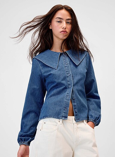 Twik: La chemise denim large col pointes Bleu moyen - Ardoise pour femme