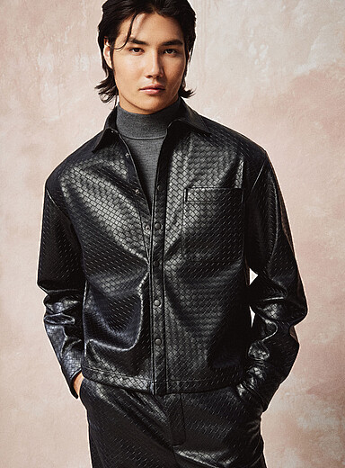 Le 31 Black Woven faux-leather overshirt for men