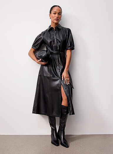 Contemporaine: La robe chemise ceintur&eacute;e faux cuir Noir pour femme
