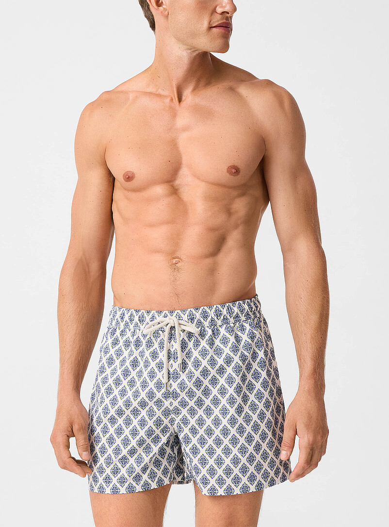 Natural Drawstring Geo-Pattern Swim Short