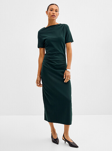 Contemporaine Green Ponte knit draped dress for women