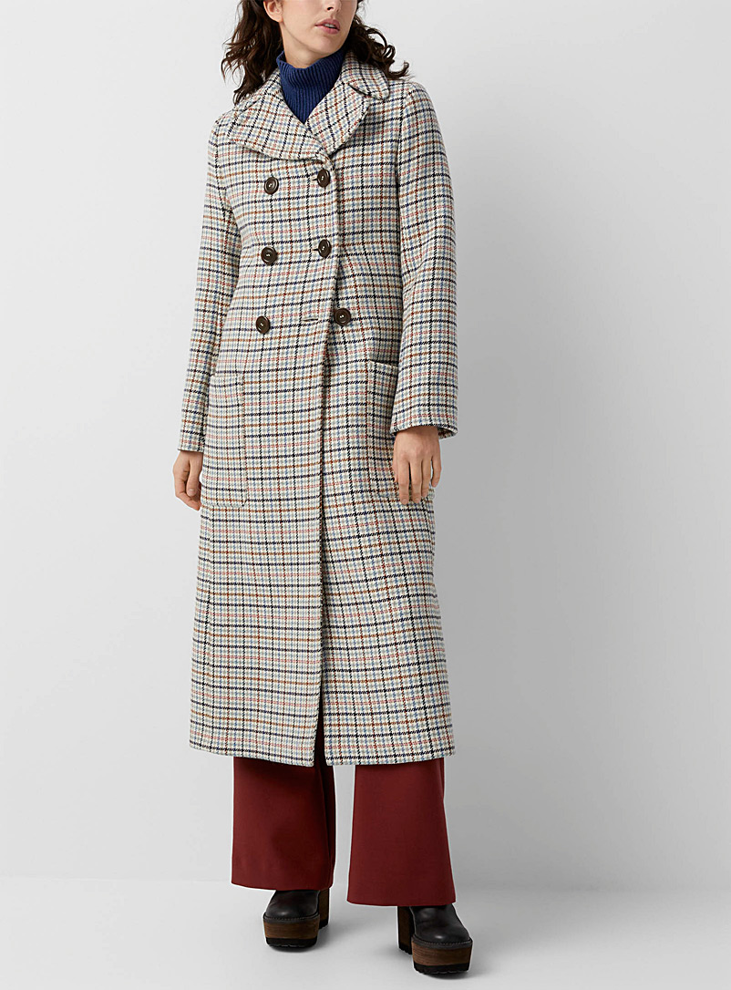 See by Chloé Cream Beige Colourful checkers long coat for women
