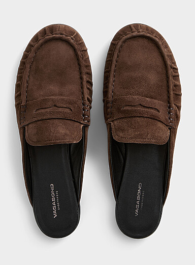 Espresso suede Aleya ruched loafer mules