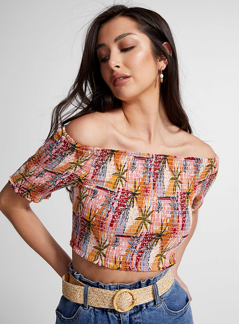 Icône Pink Festive palm trees smocked crop top for women