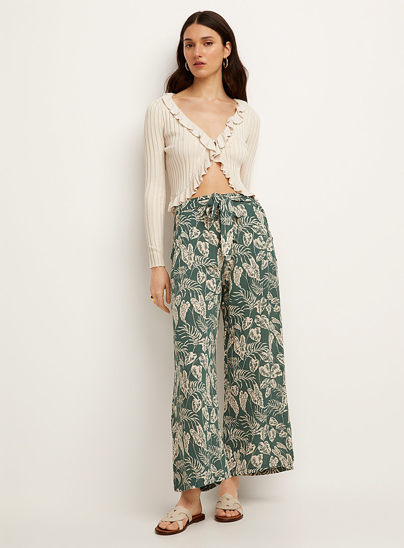 Icône Patterned Green Tie-belt printed palazzo pant for women