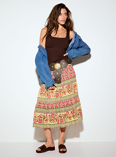 Floral tapestry flared skirt